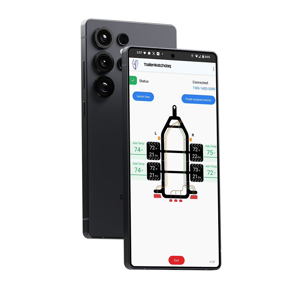 TrailerWatchdog app on Samsung phone displaying real-time tire pressure monitoring