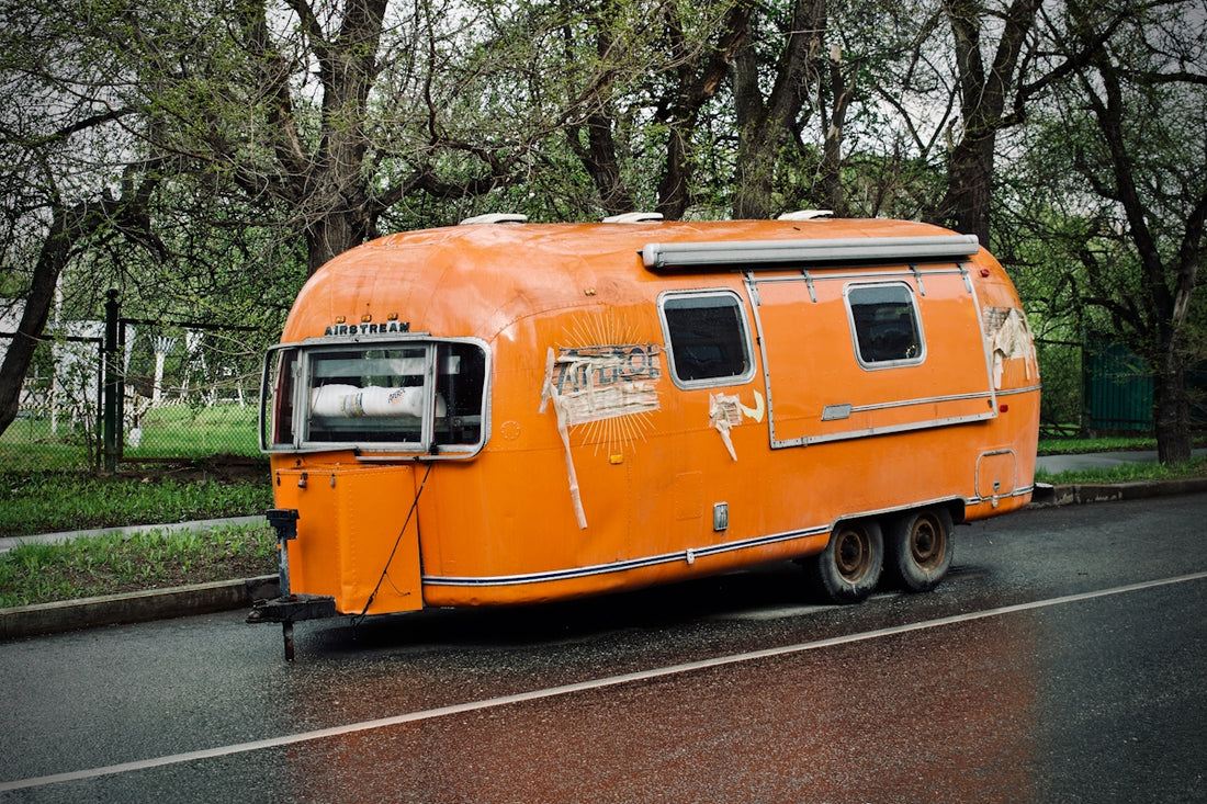 travel trailer on road beside trees
